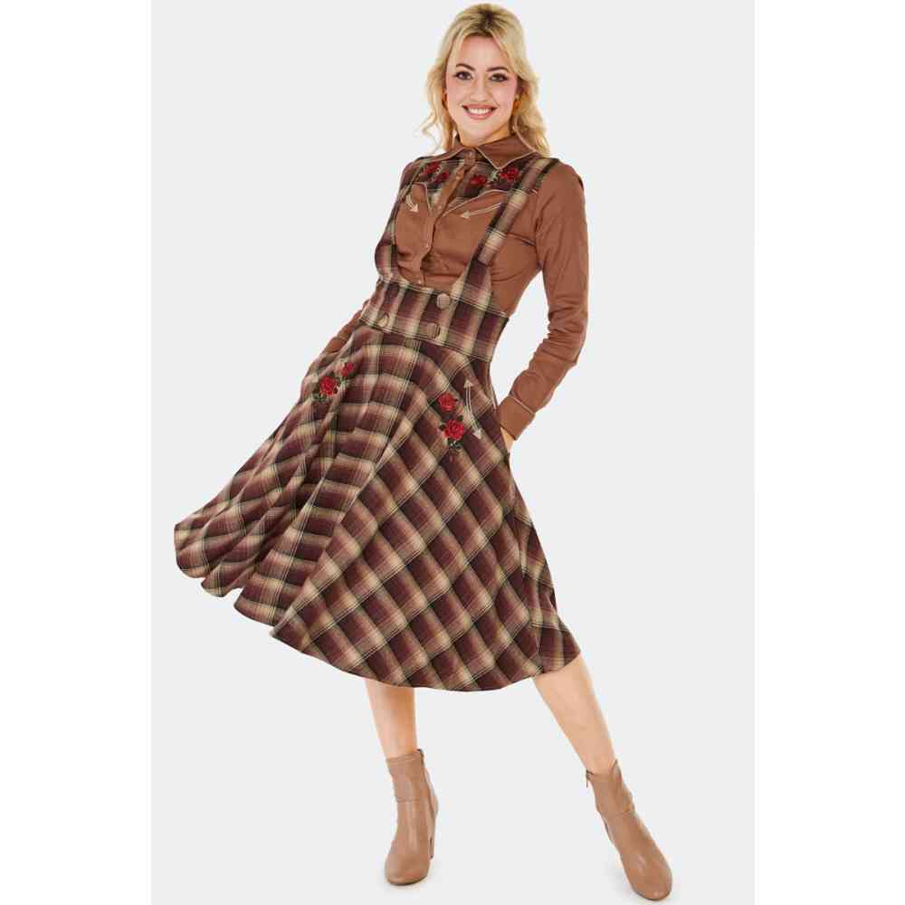 Voodoo Vixen - Western Embroidered Plaid Flare Rok - Bruin